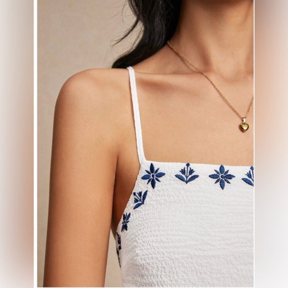 Boho Floral Embroidered Edge Criss Cross Back Dress White - Picture 6 of 9